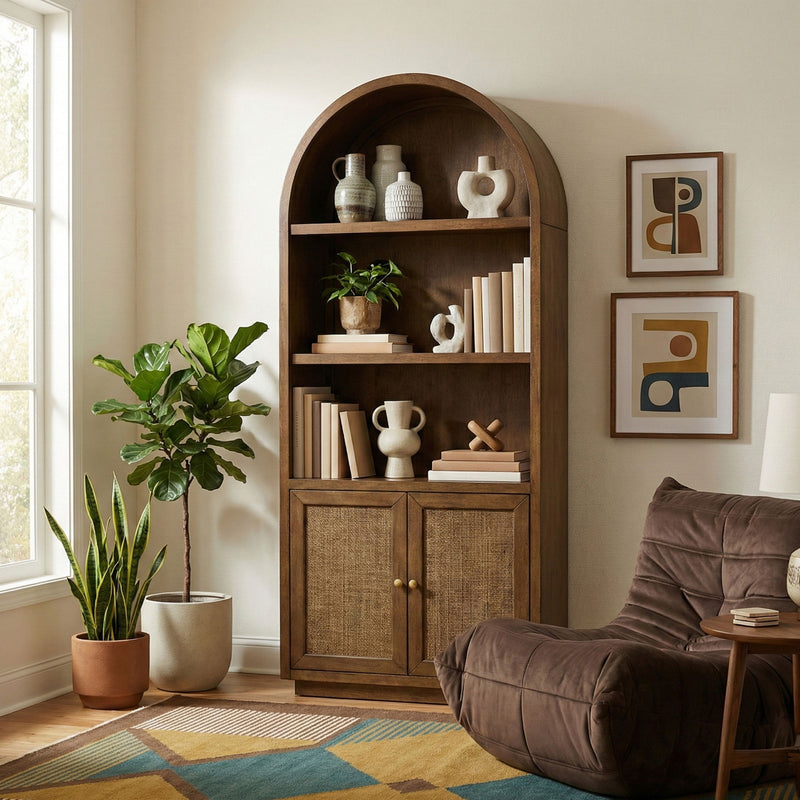 Dark brown arched bookcase with open shelves and woven cabinet doors