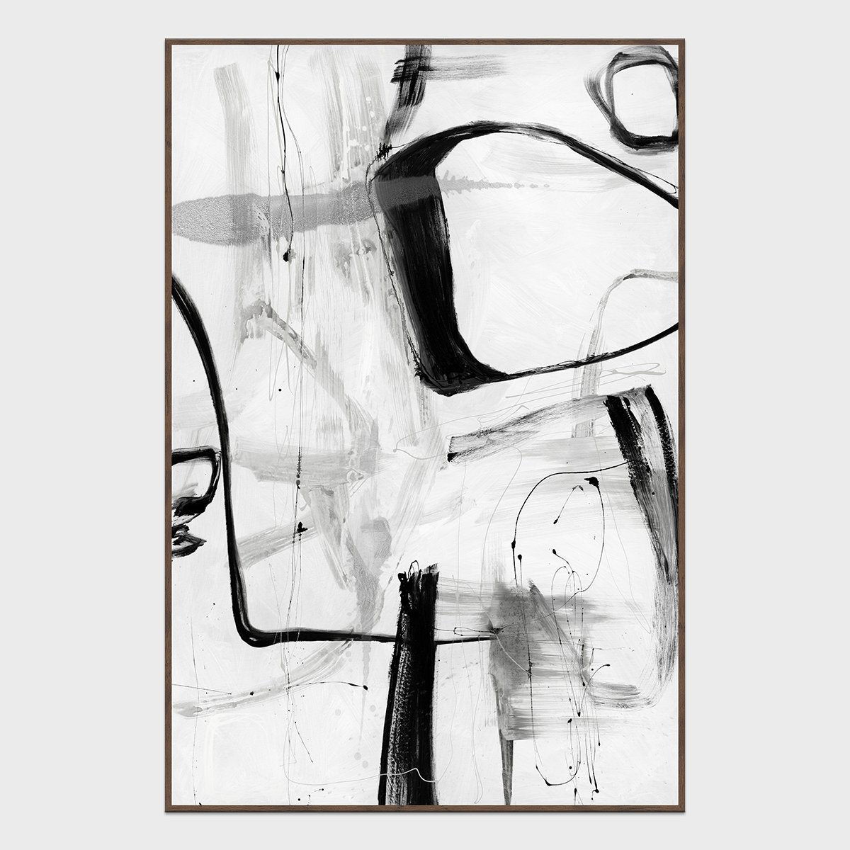 Framed abstract painting with black and gray strokes on a light background