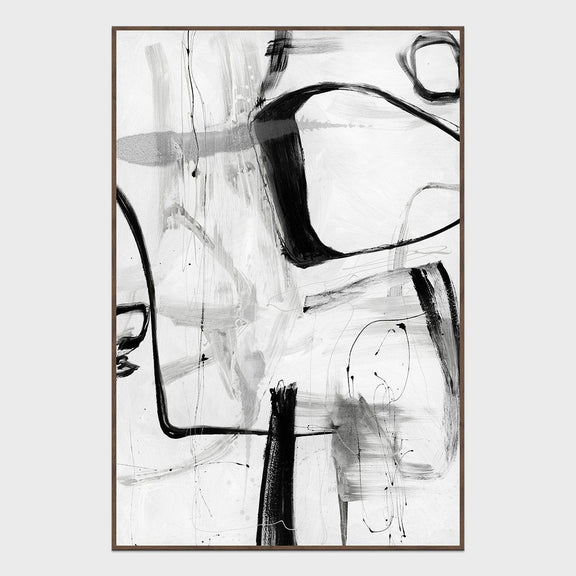Framed abstract painting with black and gray strokes on a light background