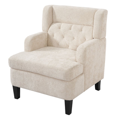 Tufted upholstered accent chair in light beige fabric with arms and front seat cushion