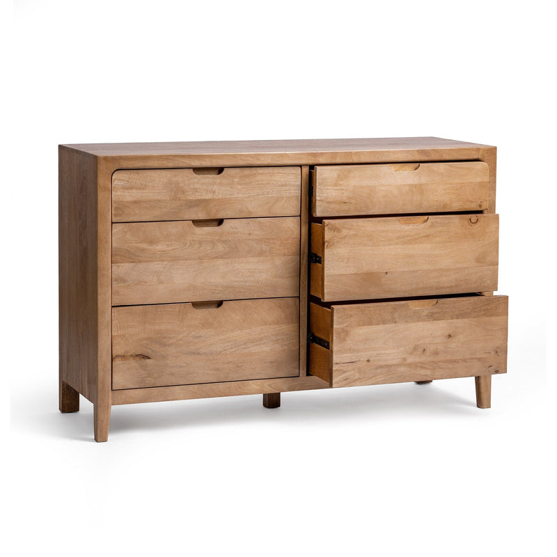 Natural maple dresser with one drawer partially open and multiple drawers