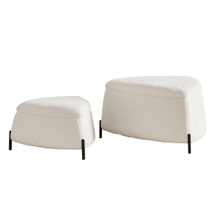 Light beige upholstered storage ottoman set, rounded cushioned tops, black metal legs