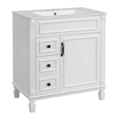 White bathroom vanity with sink, two drawers, adjustable shelf, cabinet doors.
