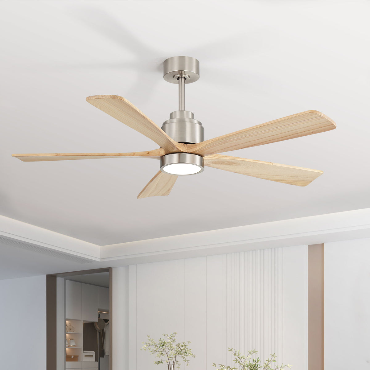 Silver ceiling fan with LED light and 5 wood blades, close-up on motor housing