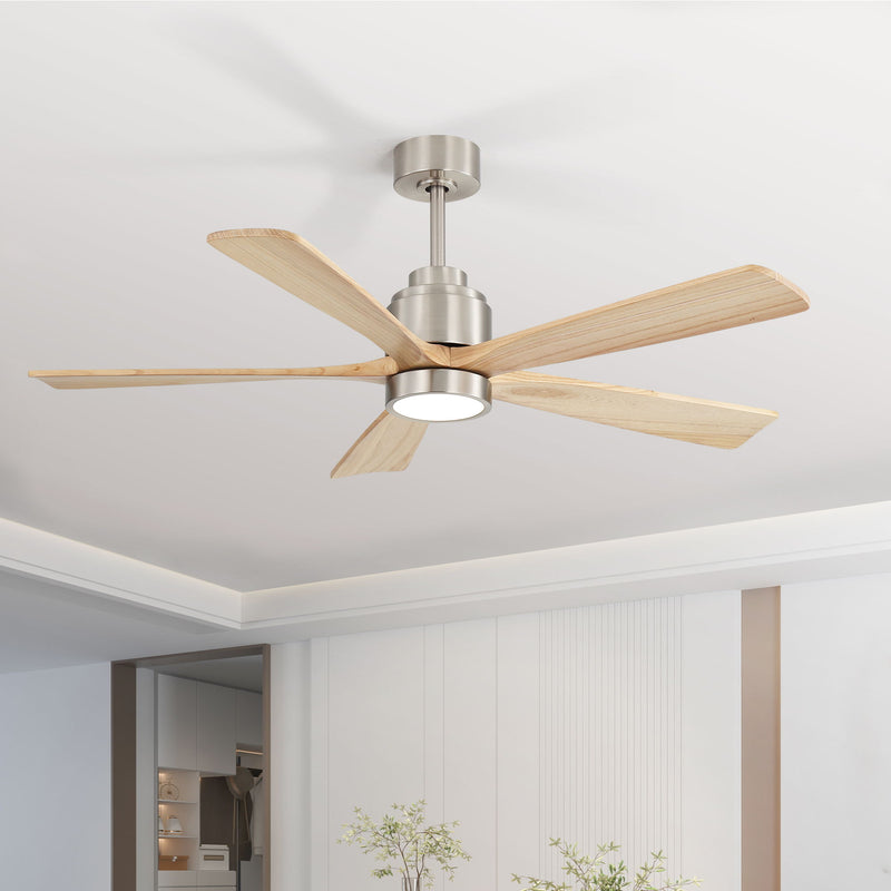 Silver ceiling fan with LED light and 5 wood blades, close-up on motor housing