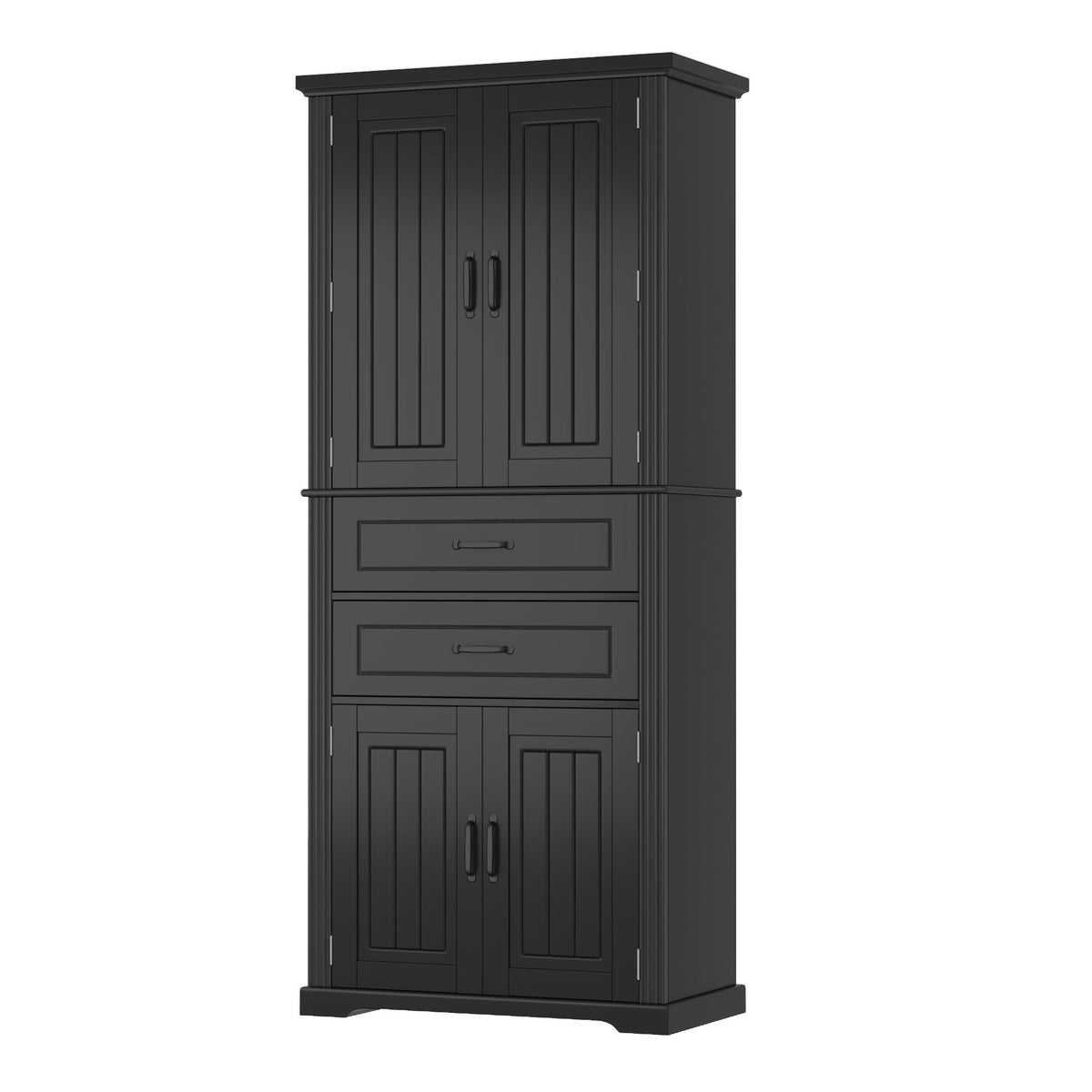 Black storage cabinet with two doors and two drawers, with inner shelving