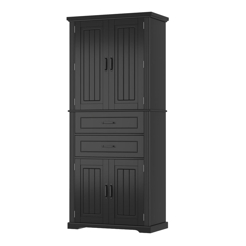 Black storage cabinet with two doors and two drawers, with inner shelving