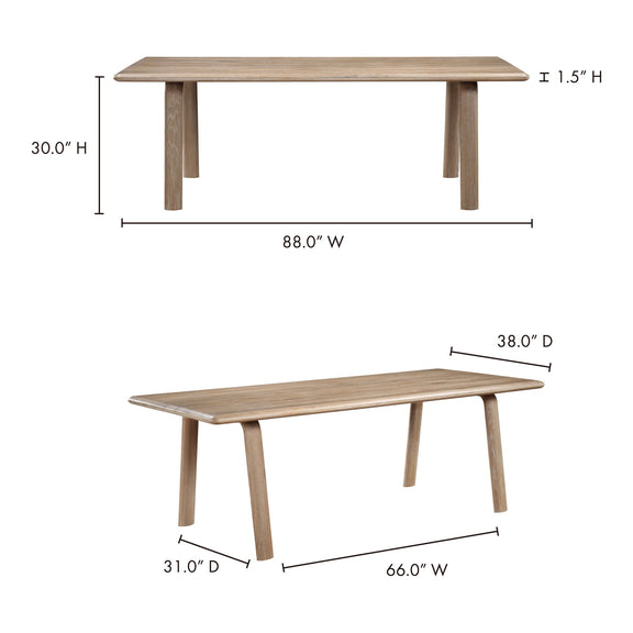 White oak dining table, 88" W x 38" D x 30" H, rectangular top