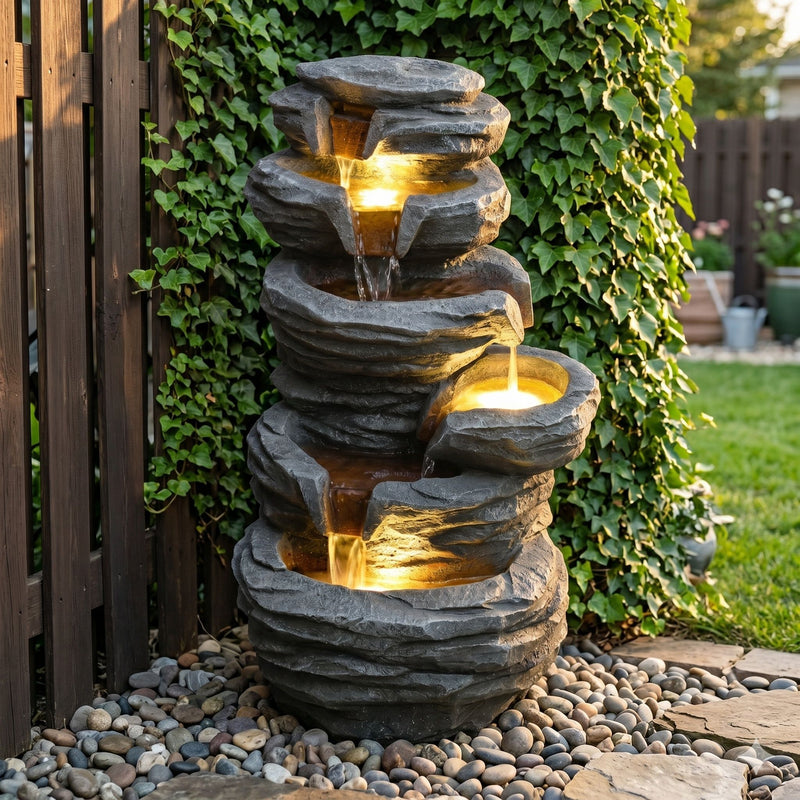 Gray tiered outdoor fountain with illuminated cascading water and a side basin