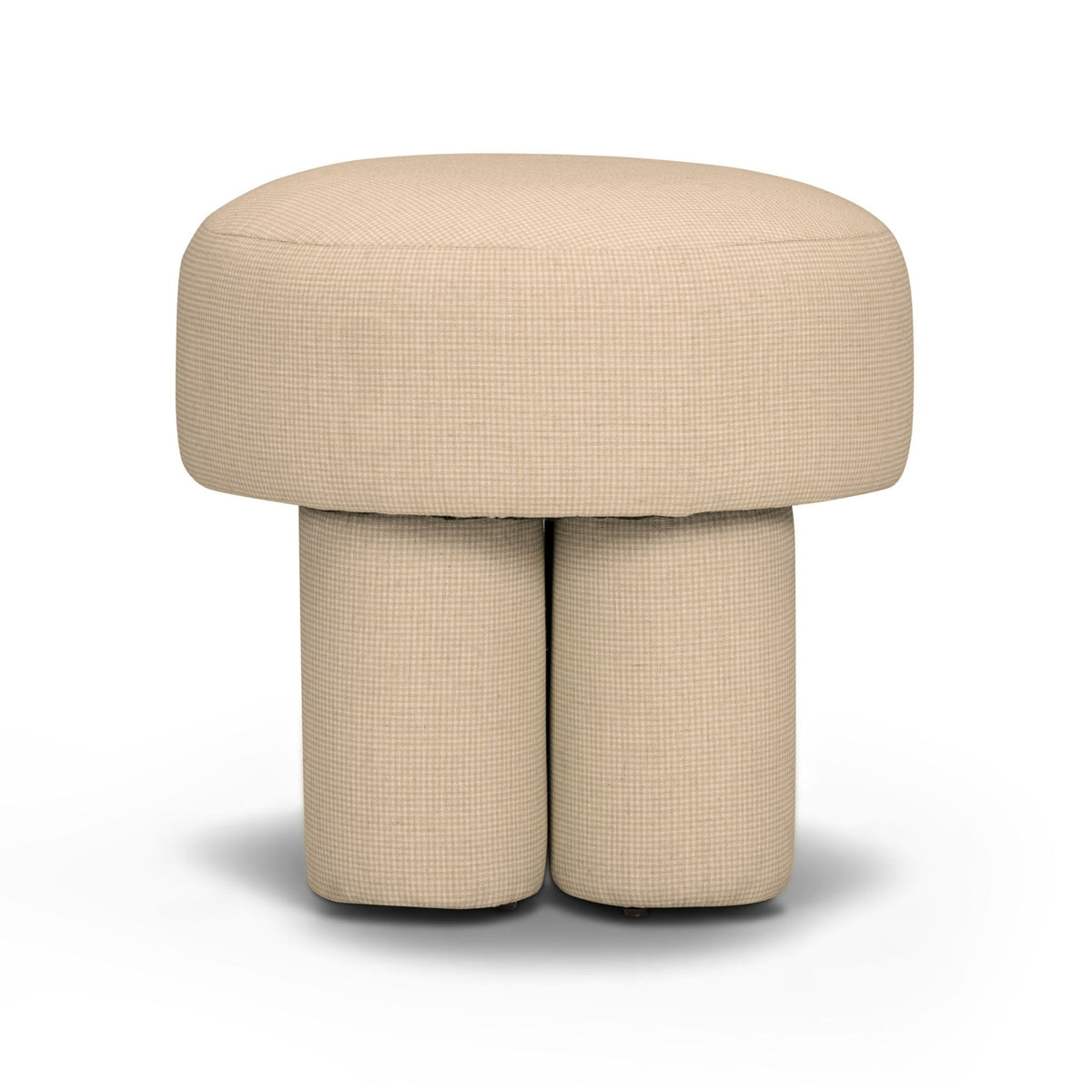 Beige textured accent stool with round cushioned seat and two padded support columns.