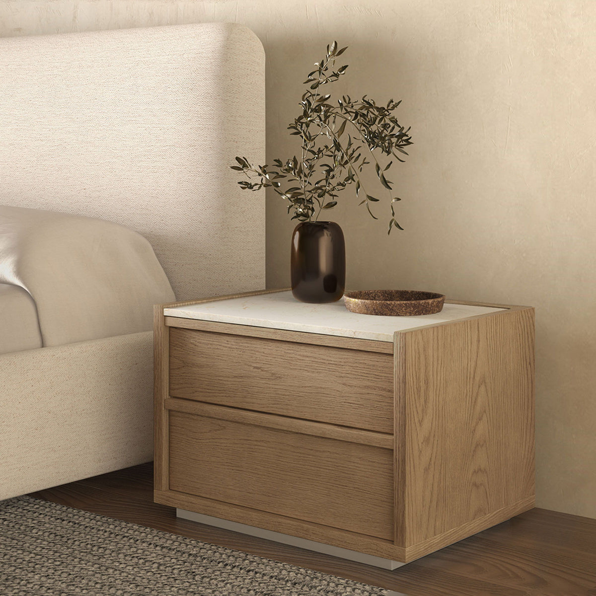 Oak nightstand with two drawers and a wide top surface