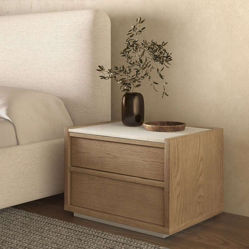 Oak nightstand with two drawers and a wide top surface