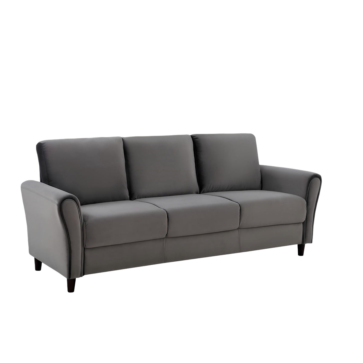 Dark gray 3-seater sofa with curved armrests, three back cushions, and tapered legs