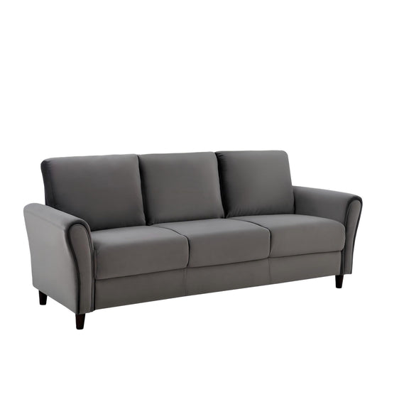 Dark gray 3-seater sofa with curved armrests, three back cushions, and tapered legs
