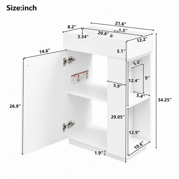 Bathroom vanity cabinet open showing interior shelves and measured dimensions in inches