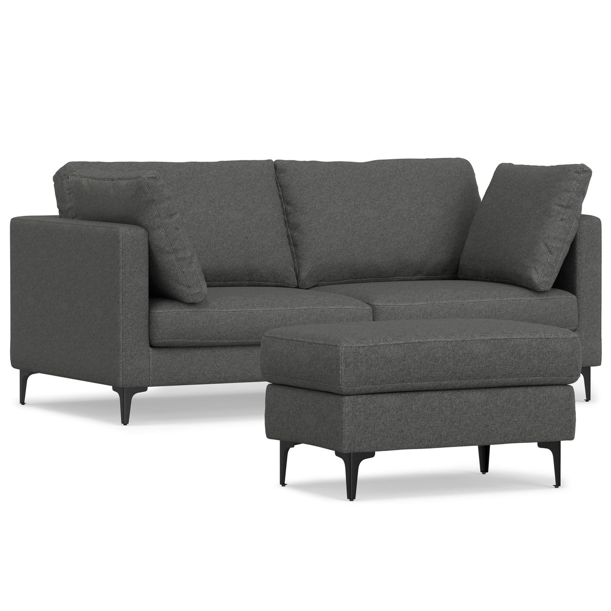 Mid-century dark gray upholstered sofa with chaise ottoman and two bolster pillows
