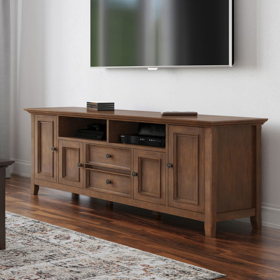Rustic wide TV media stand with cabinet doors and center drawers, aged brown