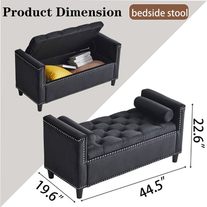 Queen Velvet Button Bedside Storage Bench With Armrests, Nailhead Trim