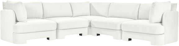 White velvet corner sectional sofa, 5-piece set with modular chaise and cushions.