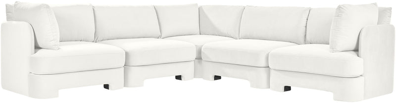 White velvet corner sectional sofa, 5-piece set with modular chaise and cushions.