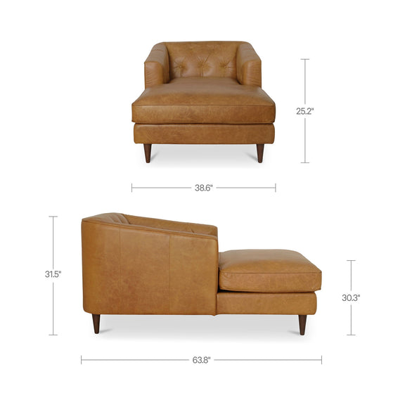 Tan-brown tufted leather chaise chair with armrest, seat cushion, and wood legs