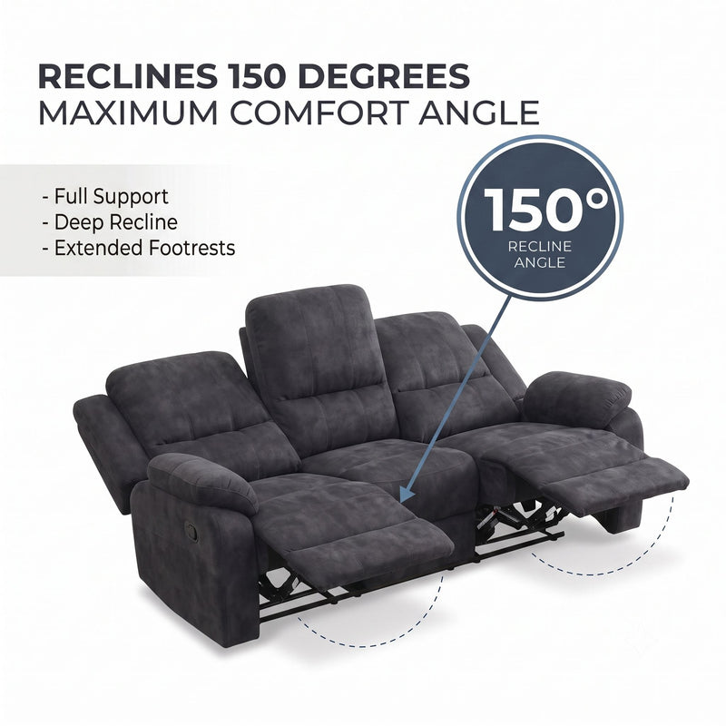 Dark gray manual reclining loveseat-style sofa with open footrest and reclined seat cushions