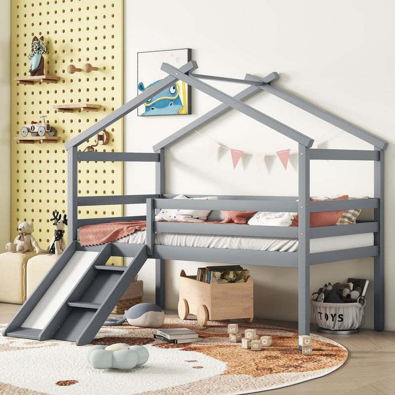 Twin Low Loft House Bed with Slide, Ladder, Safety Guardrails, House Roof Frame, Grey