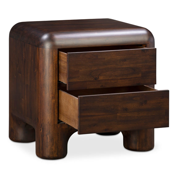 Dark brown wooden nightstand with two open drawers and rounded legs