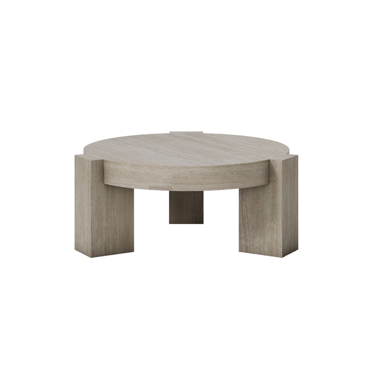 Beige round coffee table with curved apron and four short legs