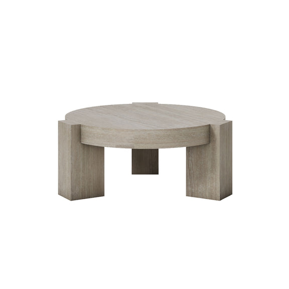 Beige round coffee table with curved apron and four short legs