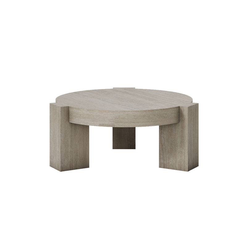 Beige round coffee table with curved apron and four short legs