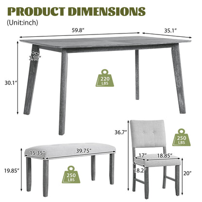 Rustic Farmhouse Dining Room Rectangular Table With 4 Upholstered Chairs And Bench