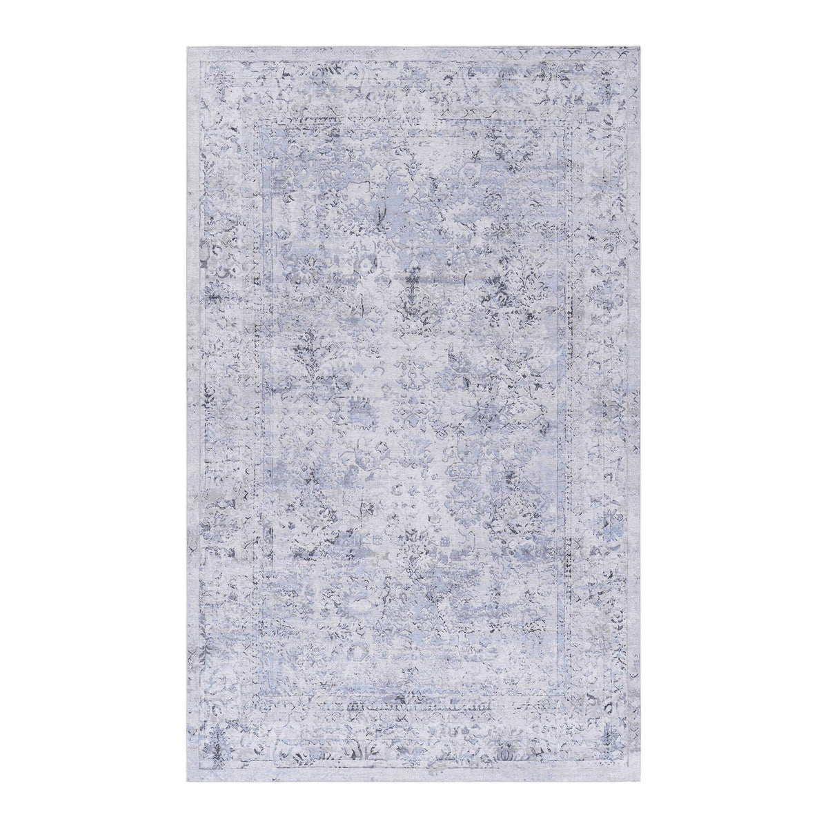 Washable area rug, light blue and cream abstract distressed design