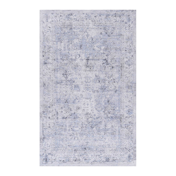 Washable area rug, light blue and cream abstract distressed design