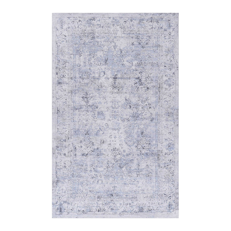 Blue and cream distressed abstract area rug with flat woven texture