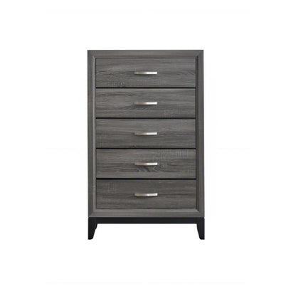 Dark gray chest of drawers with four horizontal drawers and metal bar pulls