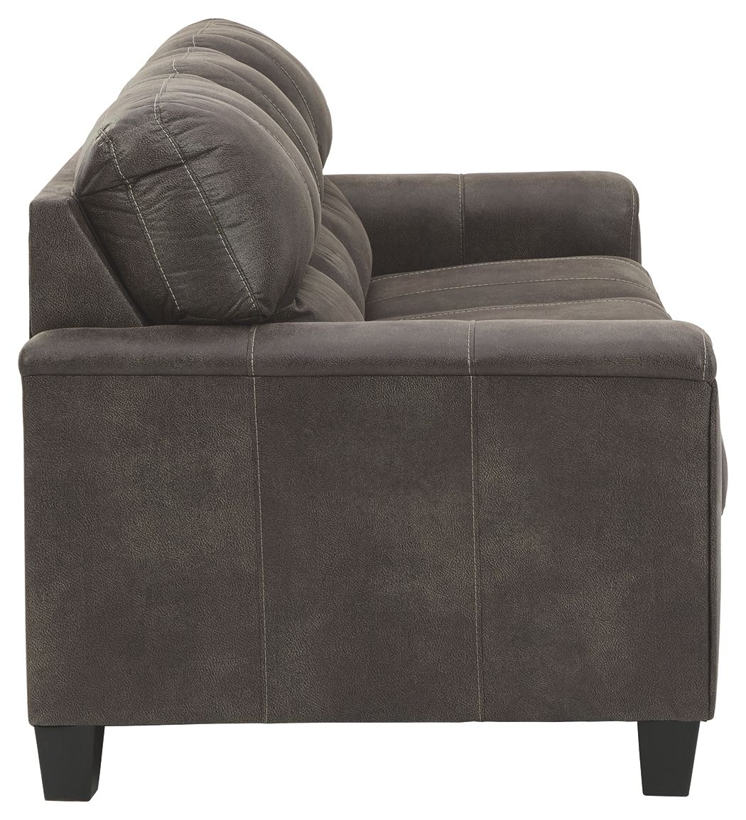 Dark gray upholstered sofa with deep cushioned back and track arms
