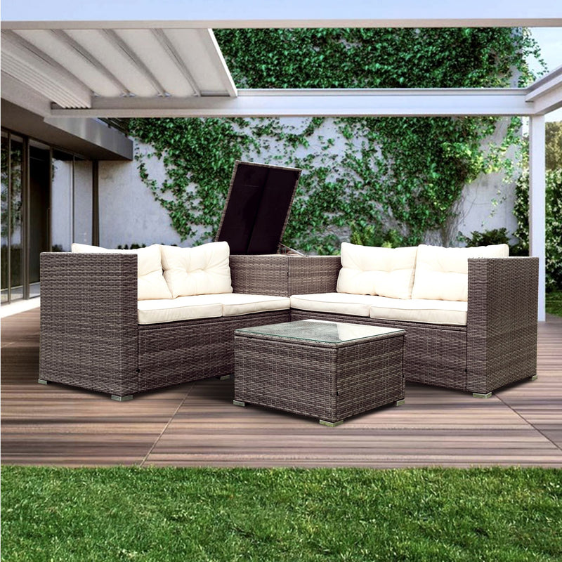 4 Piece Patio Sectional Wicker Rattan Outdoor Furniture Sofa Set With Storage Box