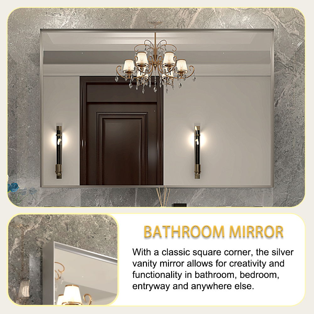 Glossy Framed Mirror For Bathroom Rectangular Wall Bathroom Mirror Metal Frame Farmhouse Mirror Large Decorative Square Corner Rectangle Mirror (Horizontal & Vertical) - Brushed Silver
