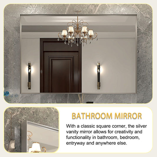 Glossy Framed Mirror For Bathroom Rectangular Wall Bathroom Mirror Metal Frame Farmhouse Mirror Large Decorative Square Corner Rectangle Mirror (Horizontal & Vertical) - Brushed Silver
