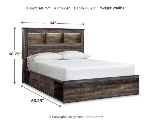 Panel bookcase bed with open shelf headboard and front drawer cabinet, dark wood finish.