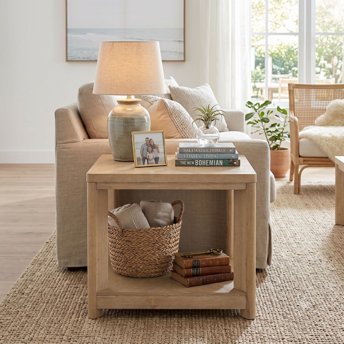 Tan wood end table with lower shelf, topped with lamp and books