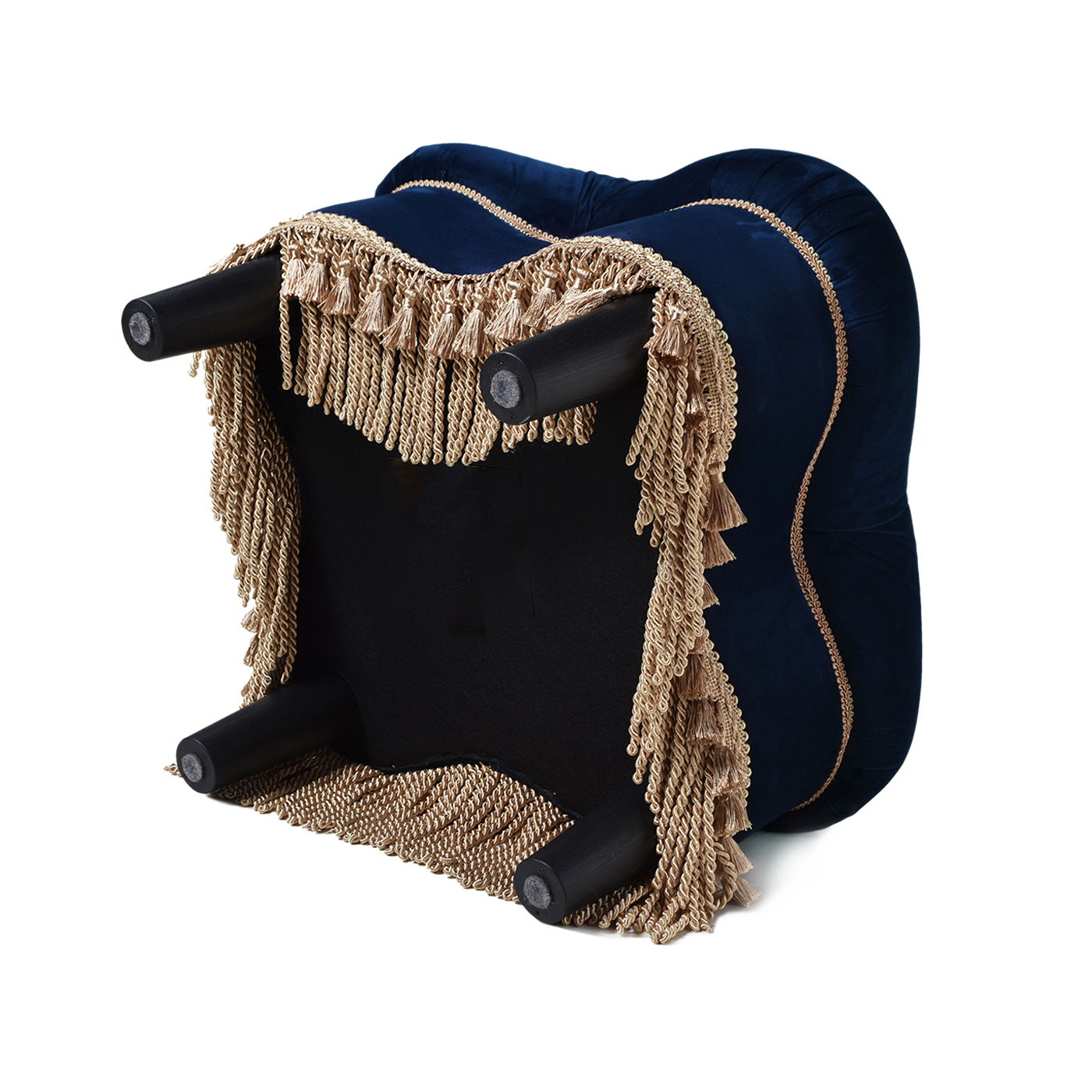 Ellen - Upholstered Clover Ottoman With Gold Bullion Fringe - Navy Blue