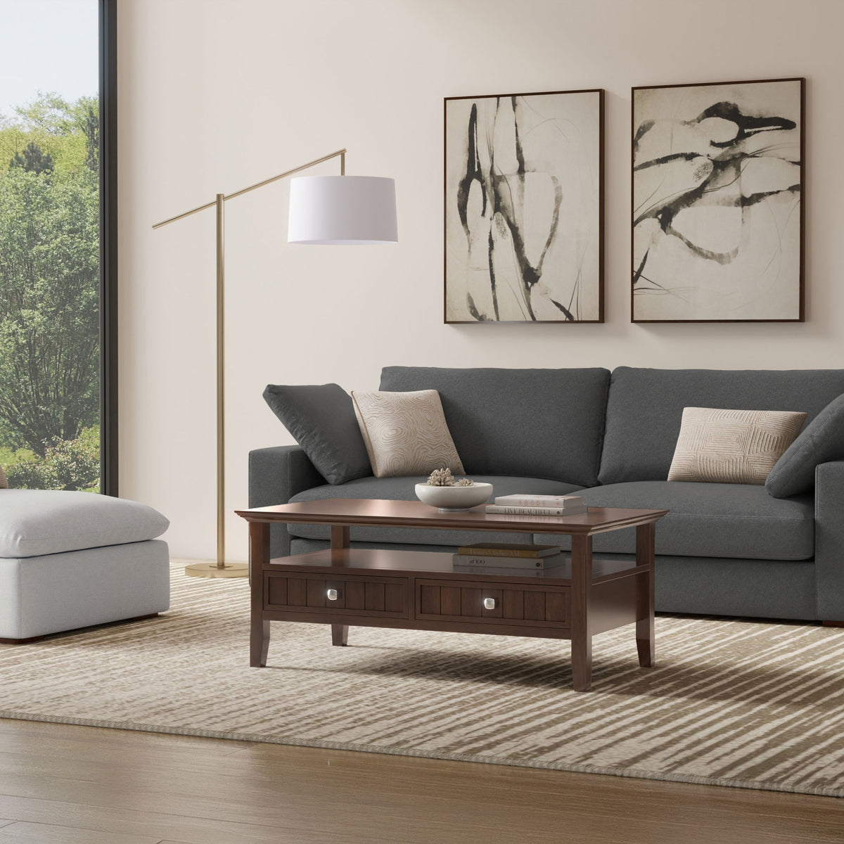 Brown coffee table with two drawers and lower shelf in living room