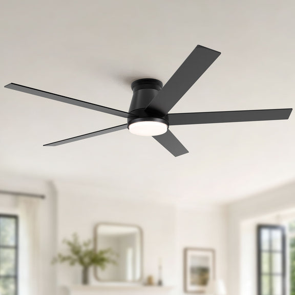 Flush-mount ceiling fan with light, matte black housing and multi-blade design