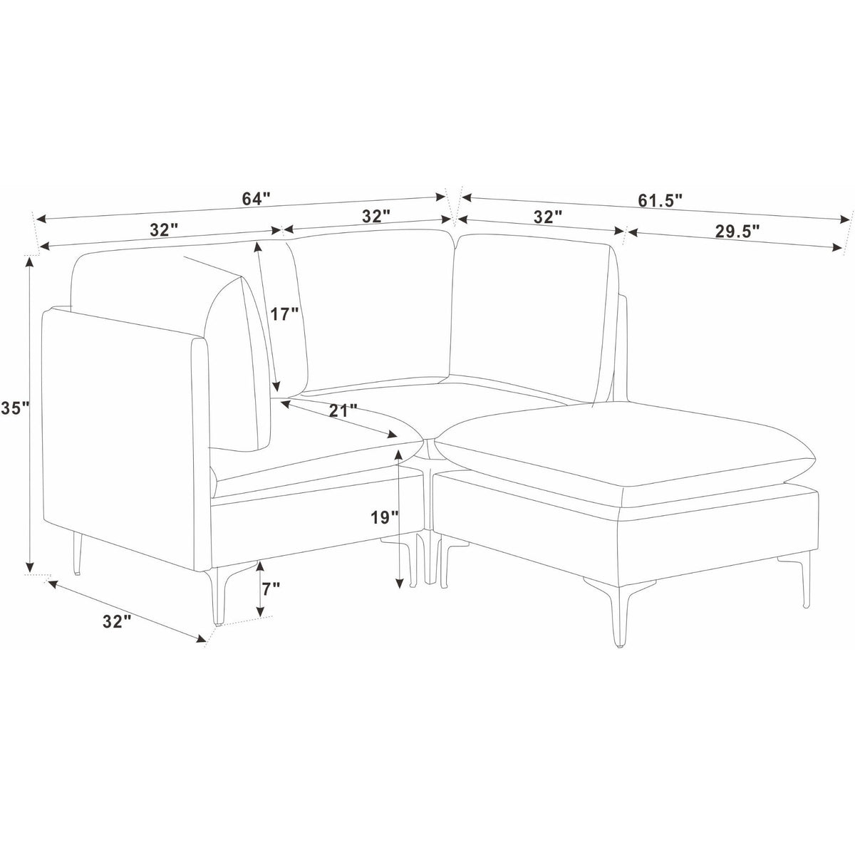 Modular sectional sofa with tall legs and chaise-style ottoman, shown in line drawing