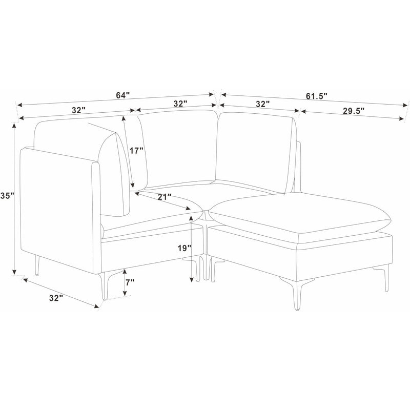 Modular sectional sofa with tall legs and chaise-style ottoman, shown in line drawing