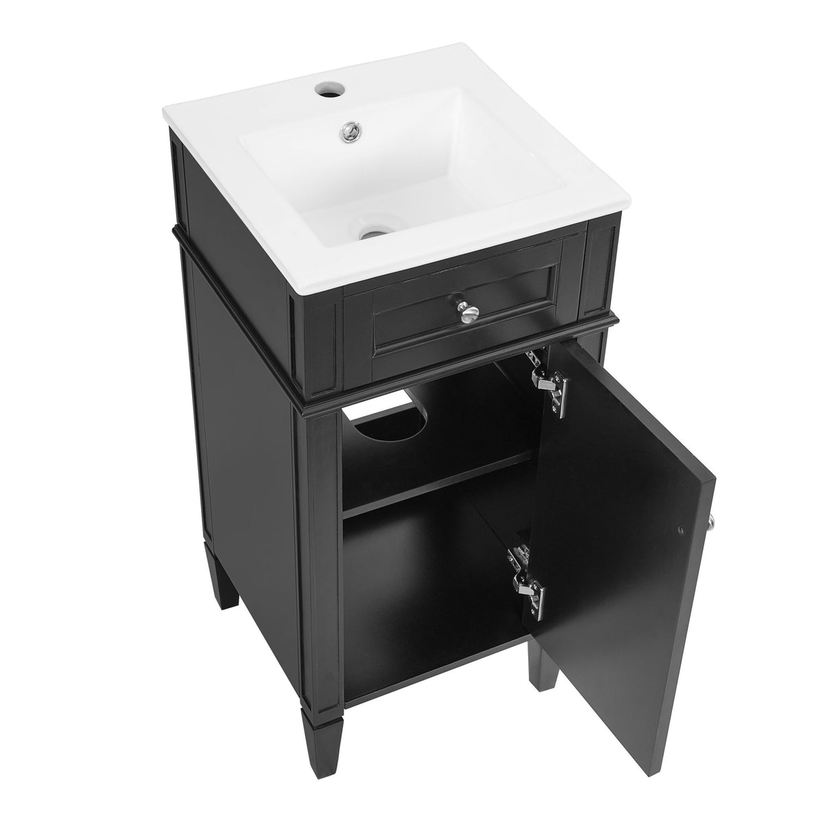 French-style bathroom vanity with sink, black cabinet and white countertop, 2-door and drawer