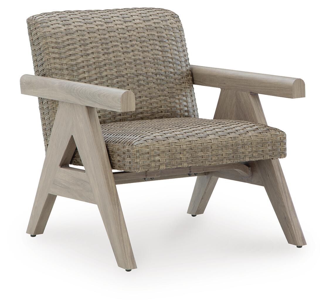 Beige woven rocking lounge chair with wide arms and light-wood legs
