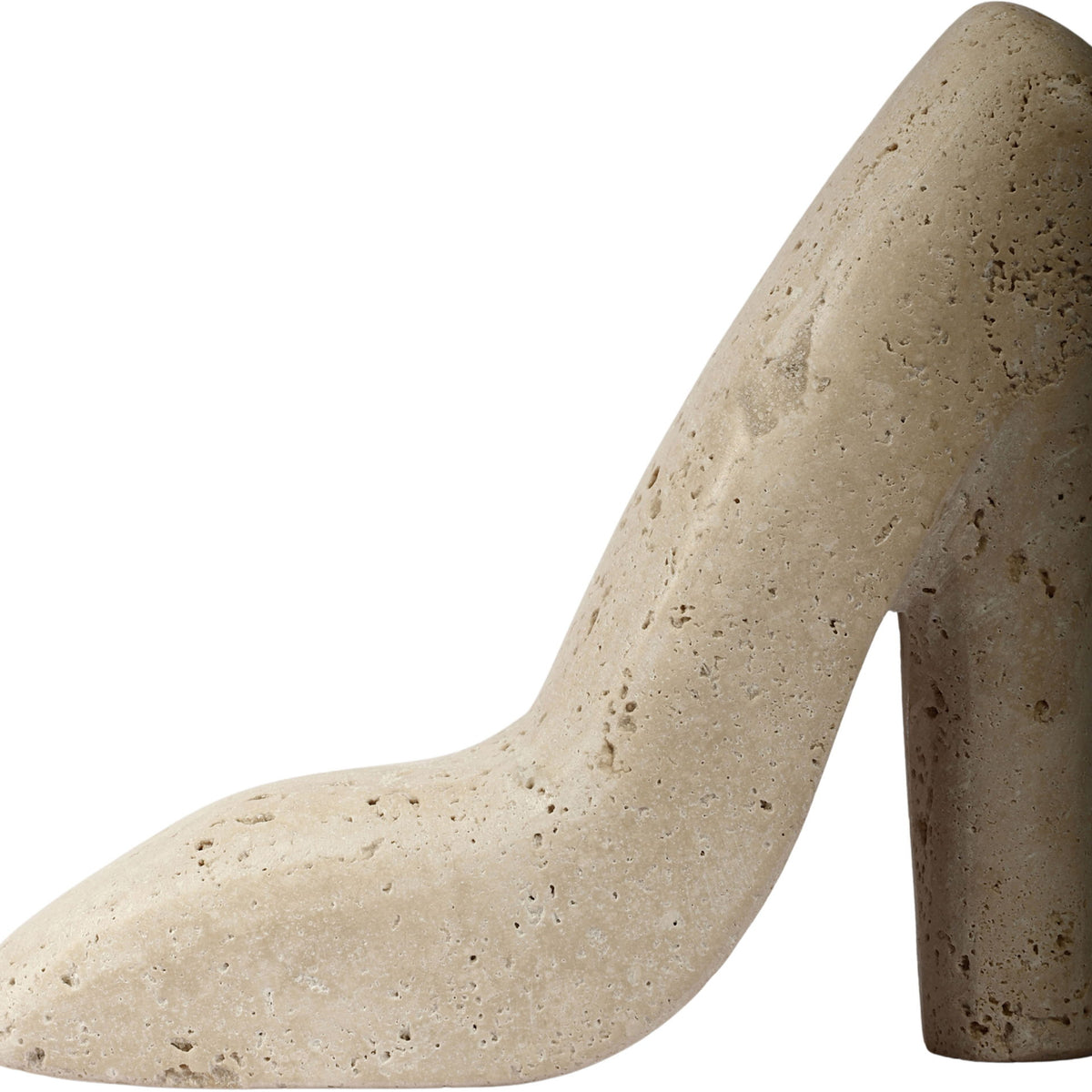 Beige travertine-style high-heel shoe sculpture, side view with speckled finish